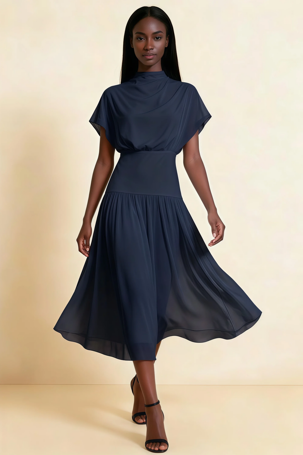 Alva Navy High Neck Gathered Skirt Midi Dress