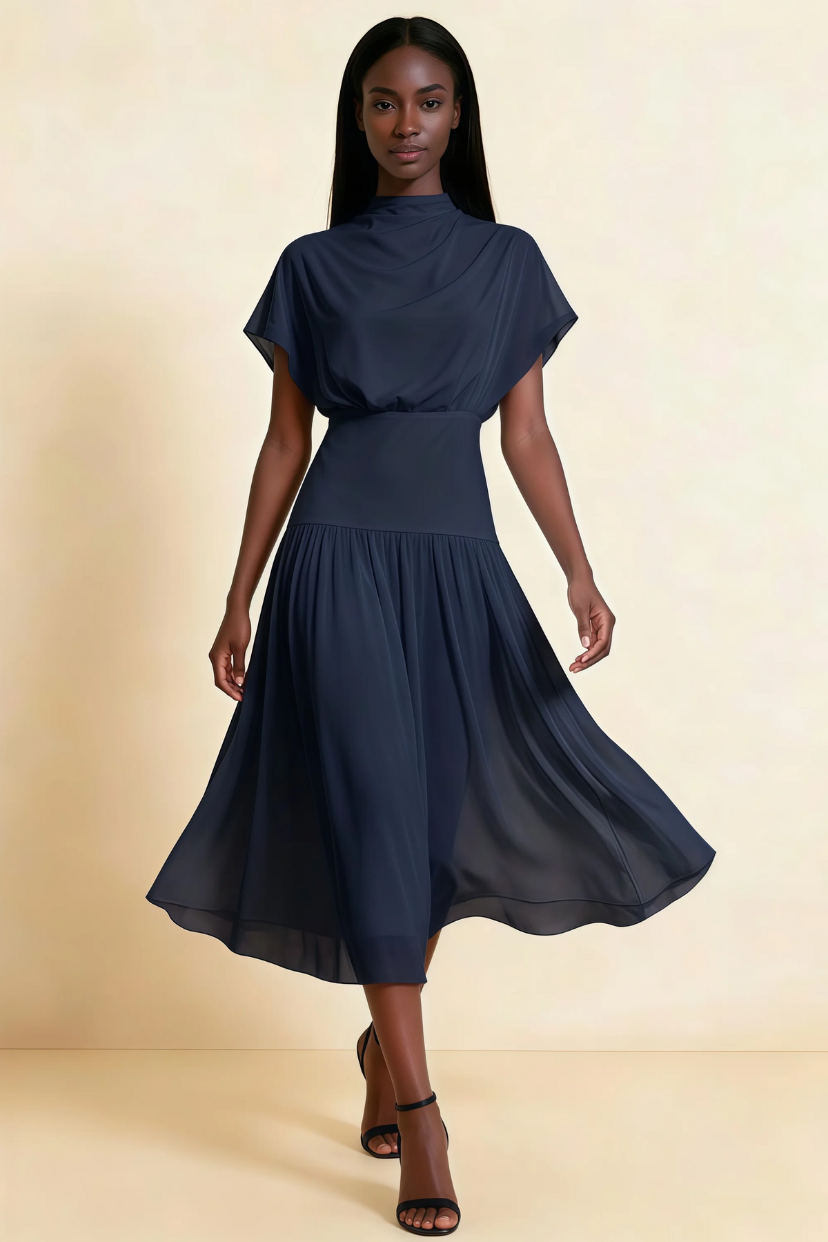 Alva Navy High Neck Gathered Skirt Midi Dress