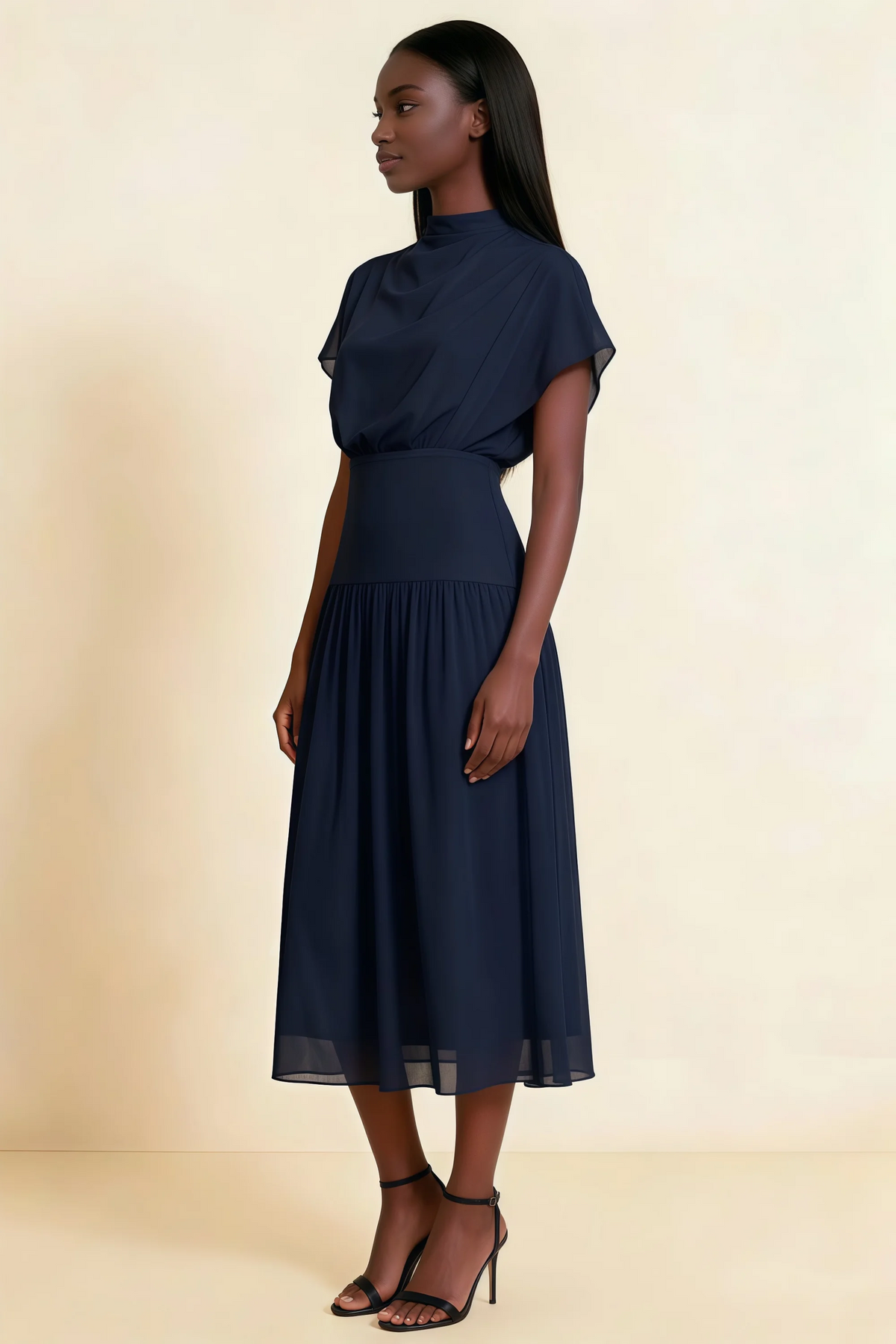 Alva Navy High Neck Gathered Skirt Midi Dress