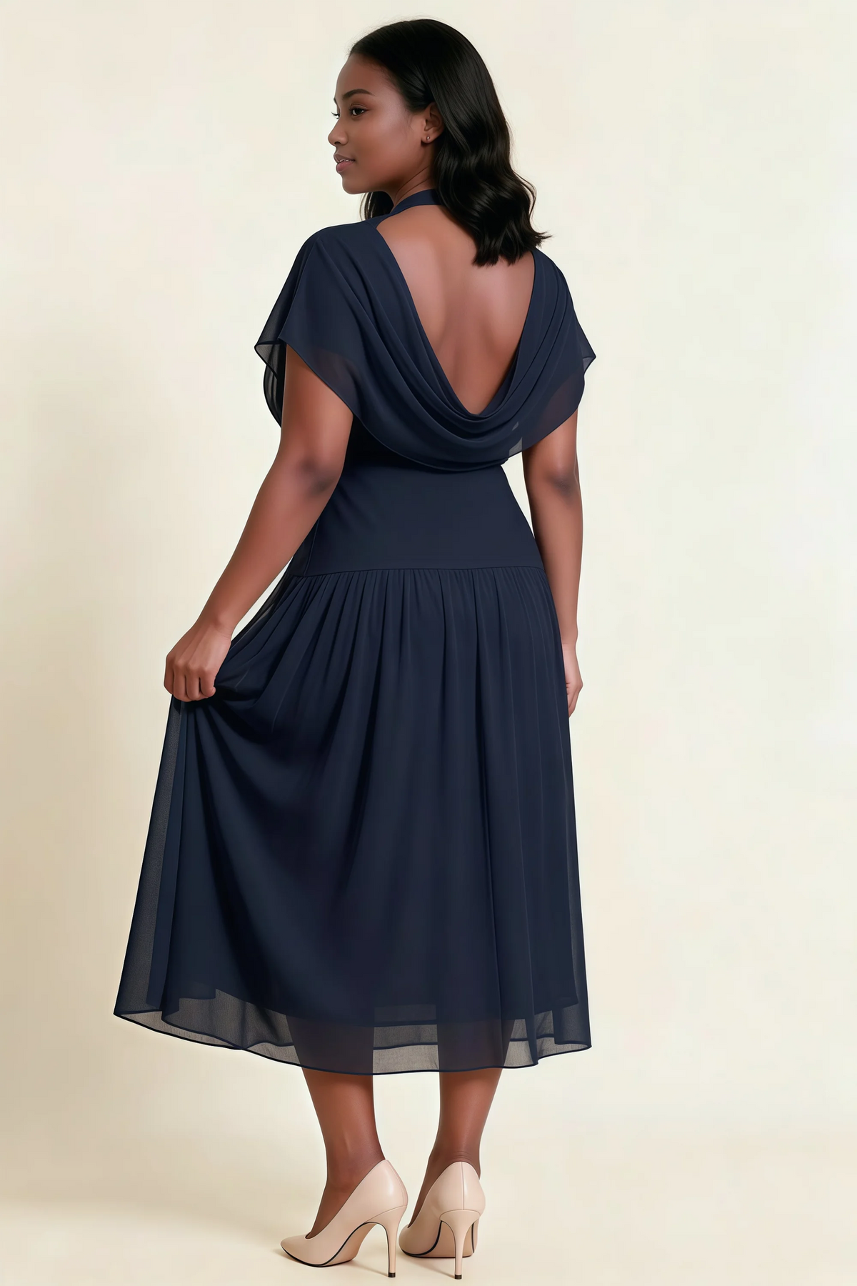 Alva Navy High Neck Gathered Skirt Midi Dress