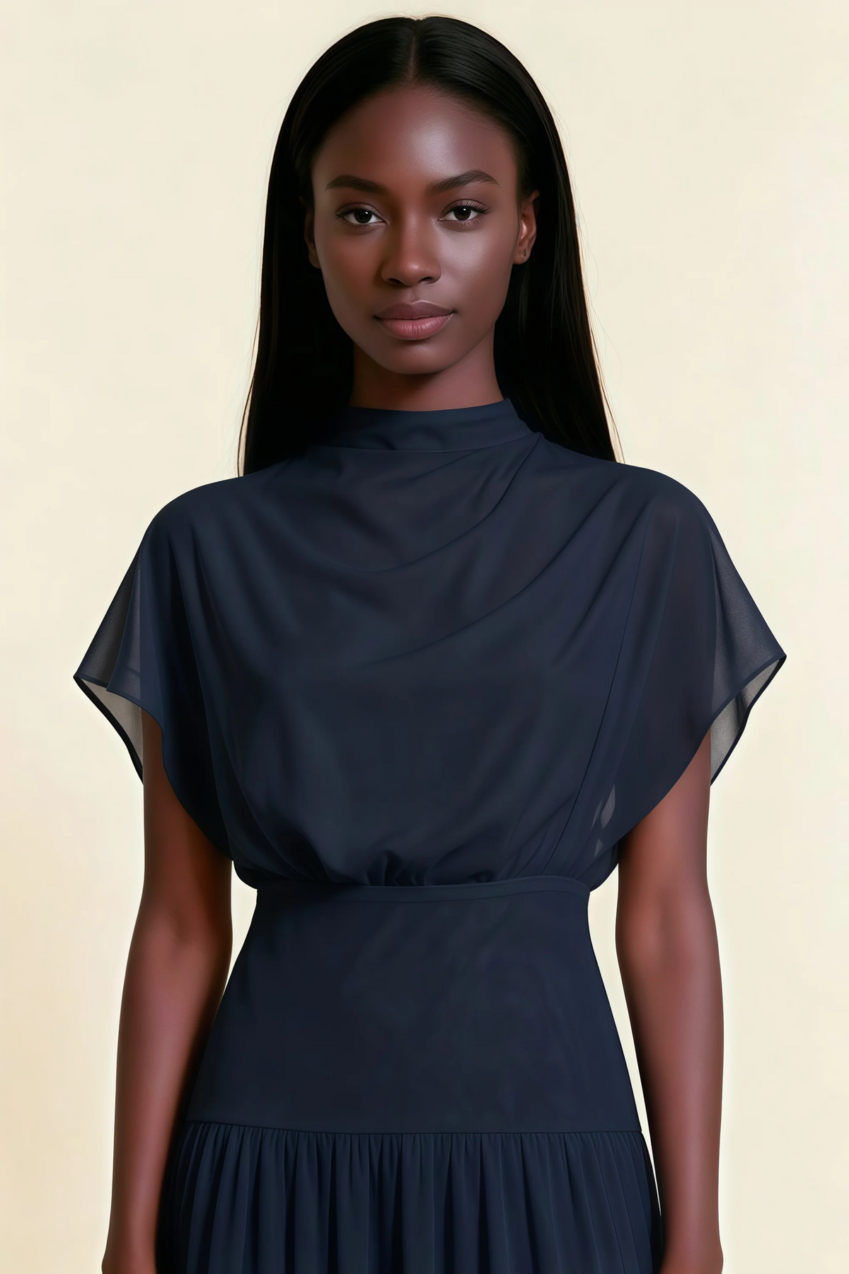 Alva Navy High Neck Gathered Skirt Midi Dress