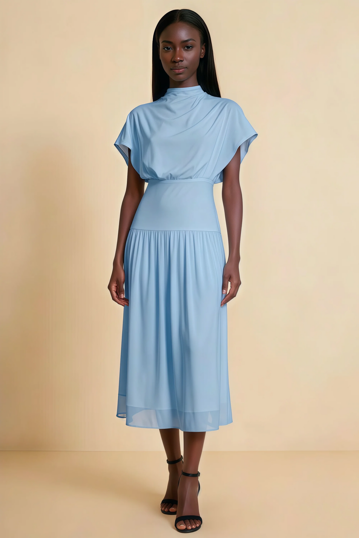 Alva Powder Blue  High Neck Gathered Skirt Midi Dress