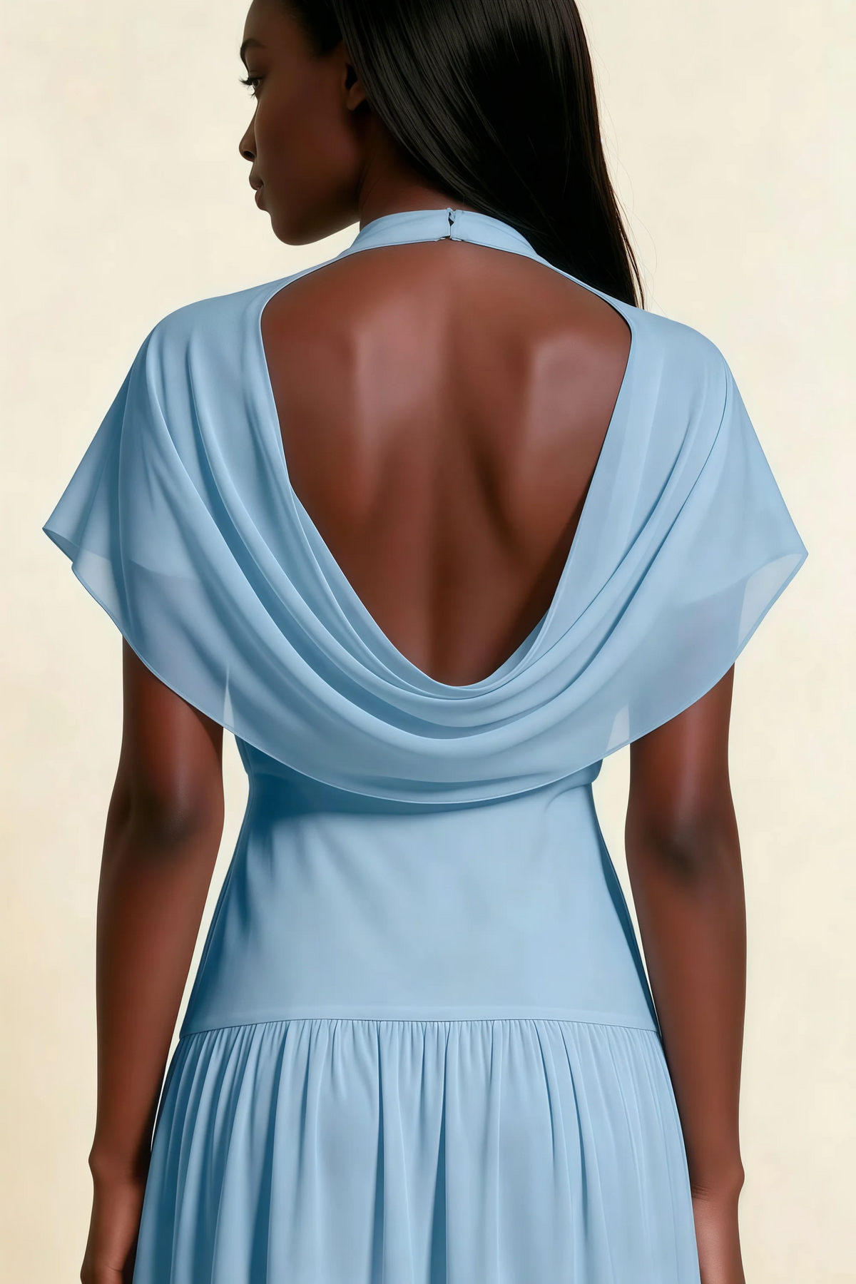 Alva Powder Blue  High Neck Gathered Skirt Midi Dress
