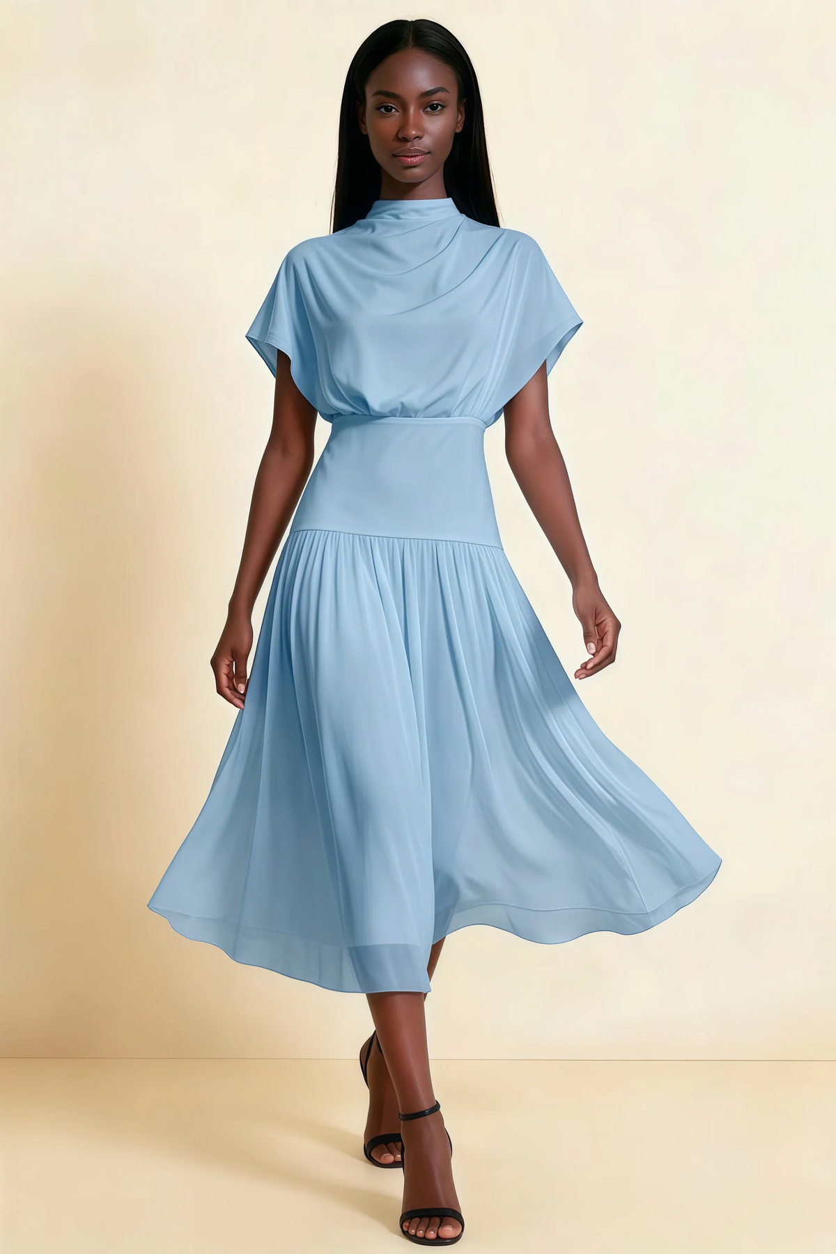 Alva Powder Blue  High Neck Gathered Skirt Midi Dress