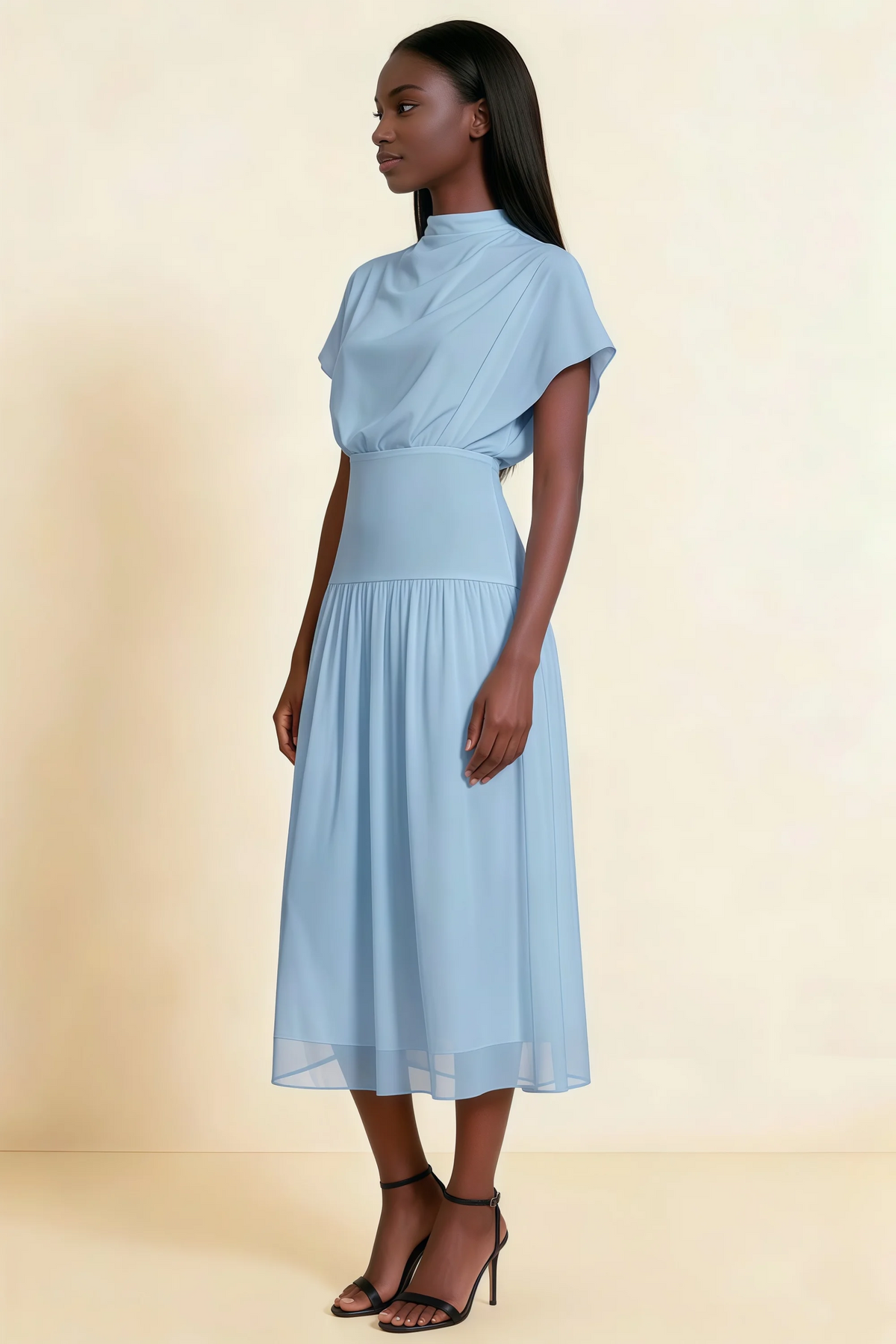Alva Powder Blue  High Neck Gathered Skirt Midi Dress