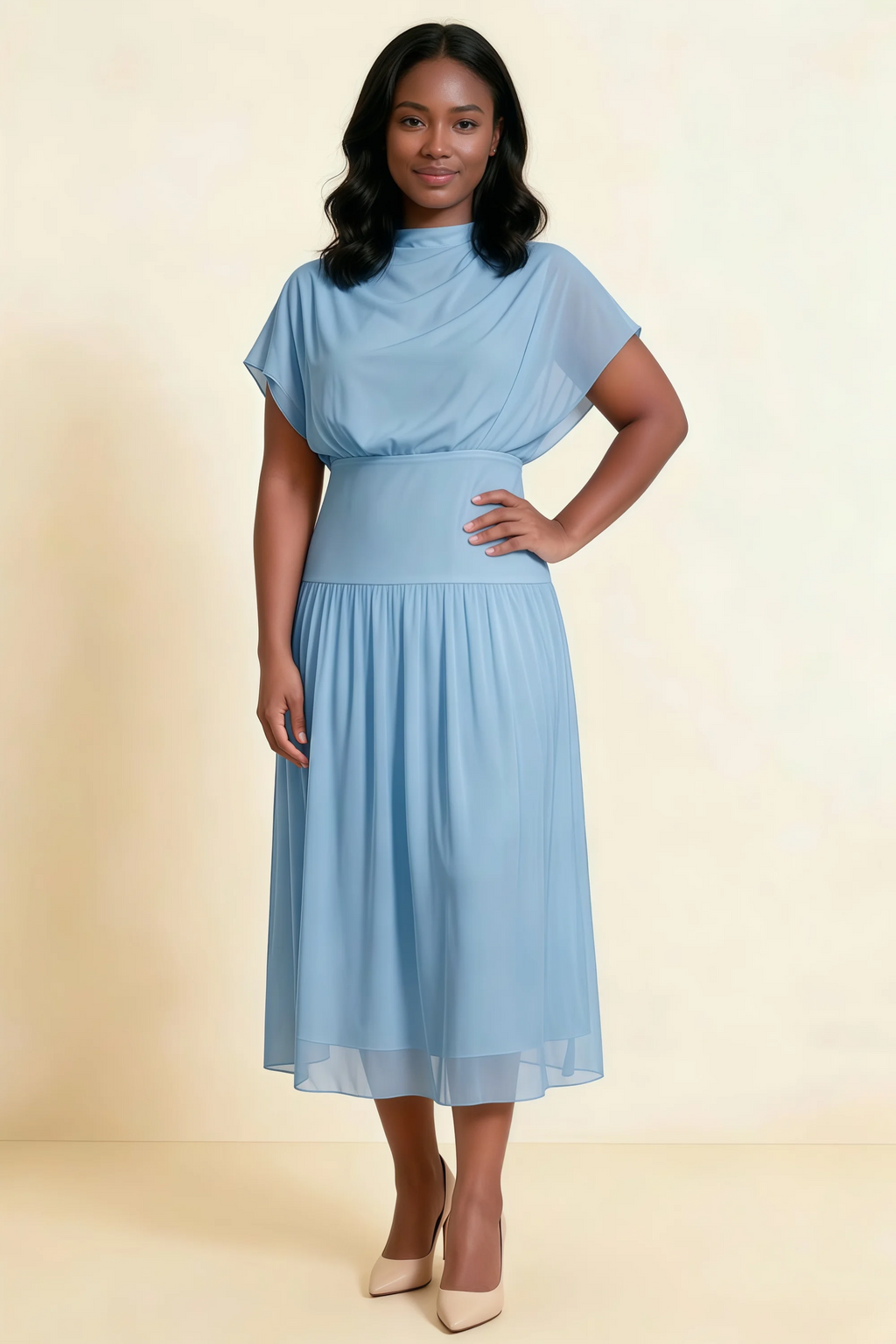 Alva Powder Blue  High Neck Gathered Skirt Midi Dress