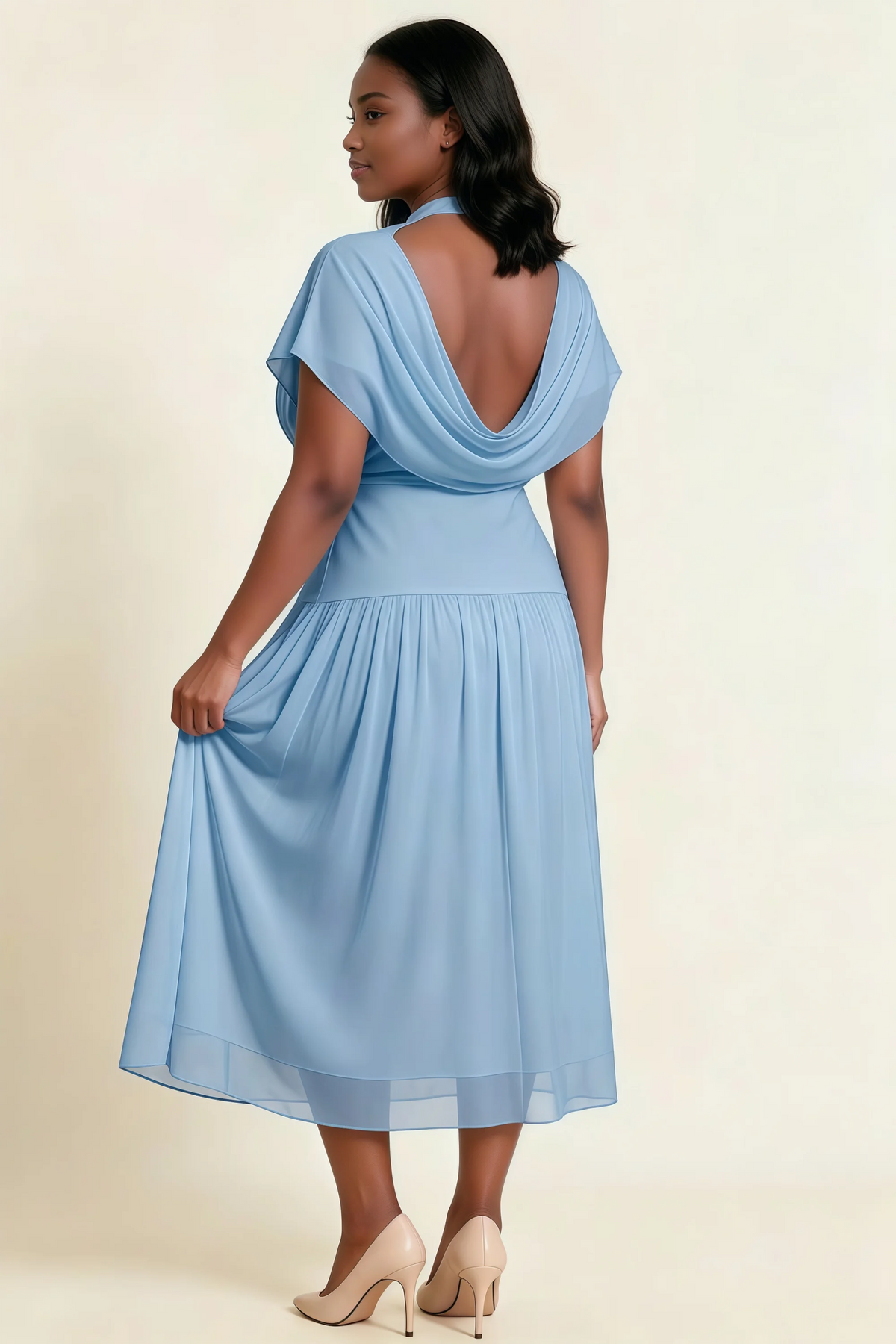 Alva Powder Blue  High Neck Gathered Skirt Midi Dress
