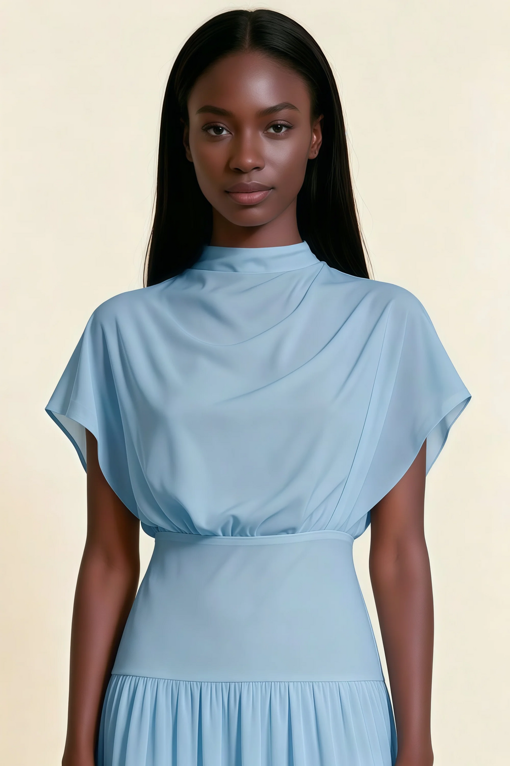 Alva Powder Blue  High Neck Gathered Skirt Midi Dress