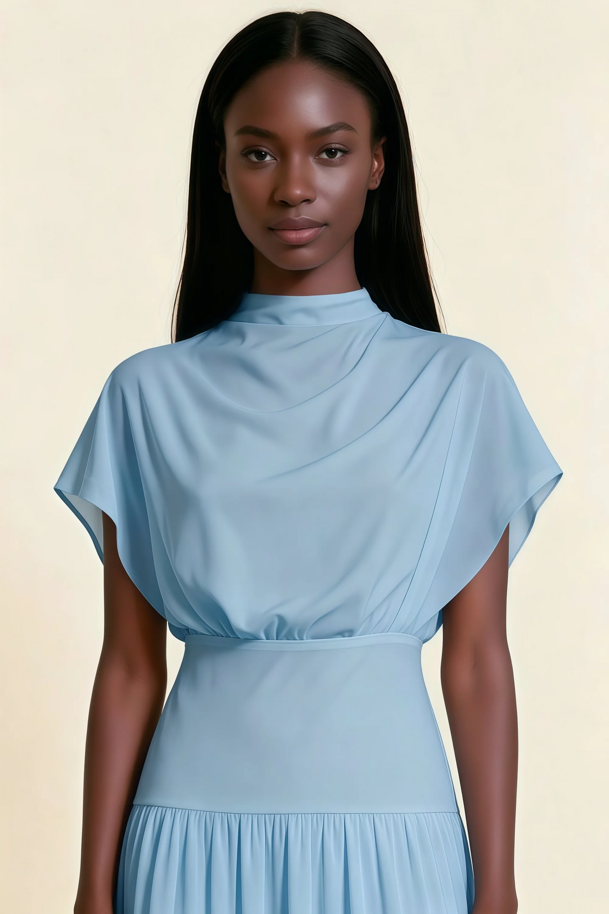 Alva Powder Blue  High Neck Gathered Skirt Midi Dress