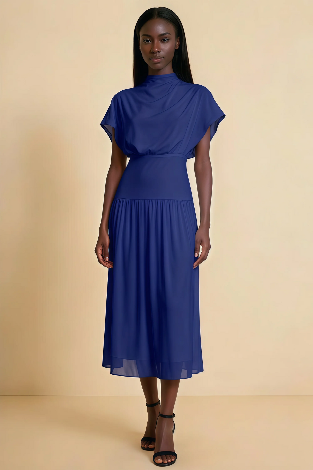 Alva Royal Blue  High Neck Gathered Skirt Midi Dress