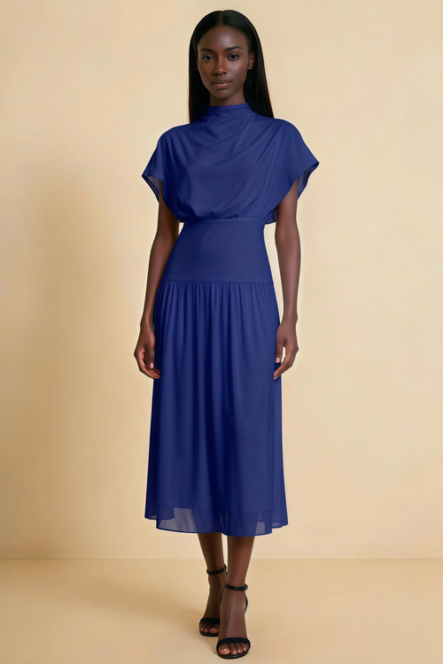 Alva Royal Blue  High Neck Gathered Skirt Midi Dress
