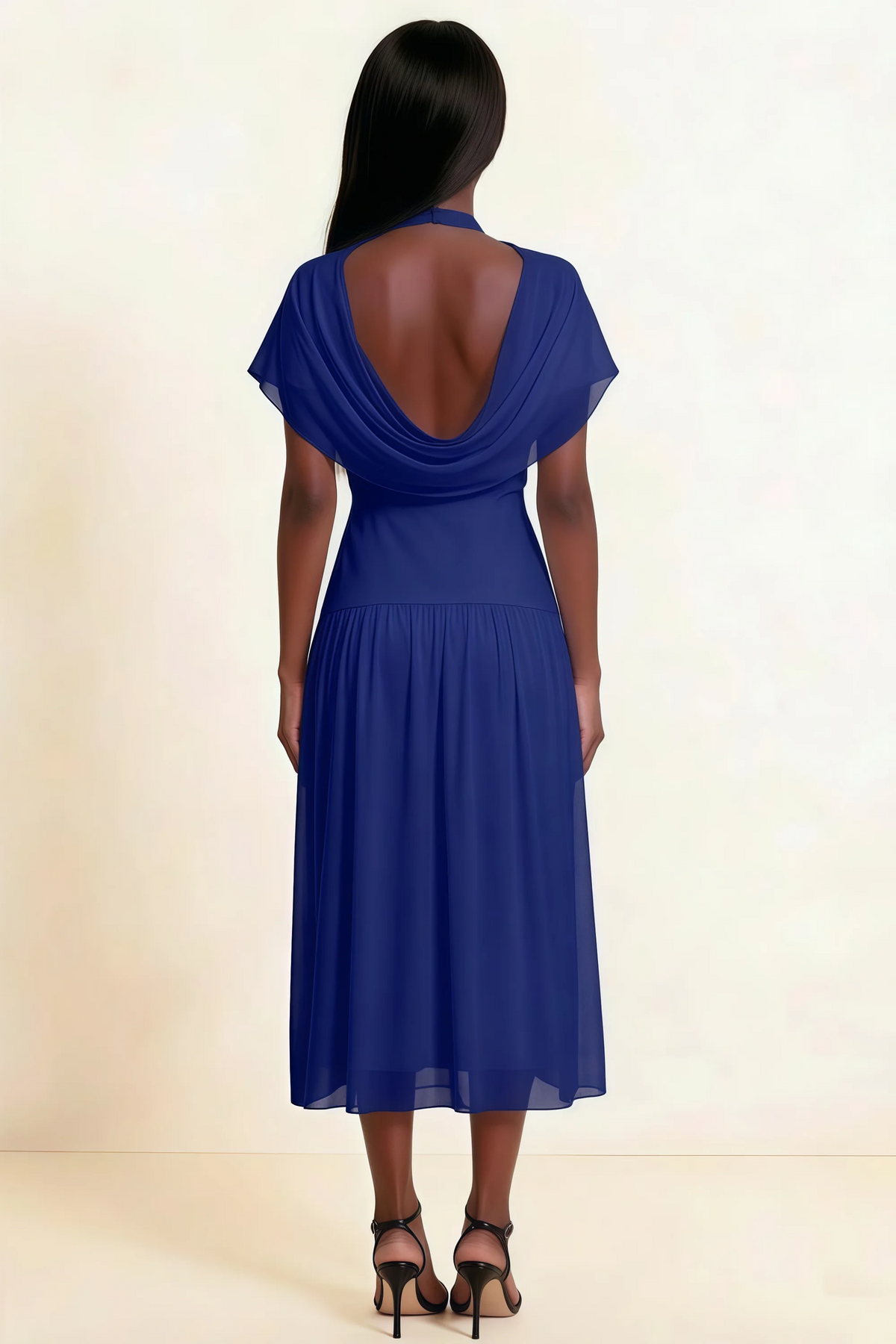 Alva Royal Blue  High Neck Gathered Skirt Midi Dress
