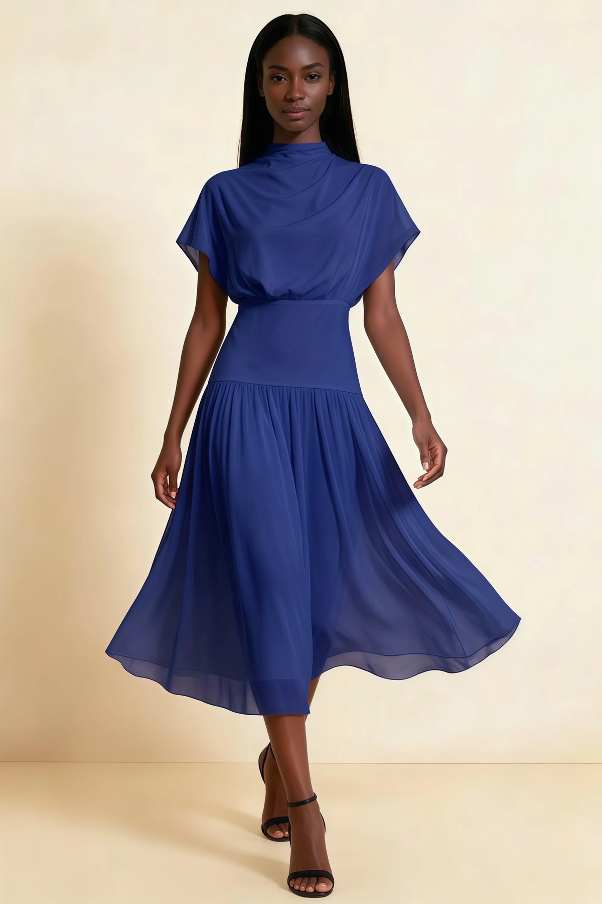 Alva Royal Blue  High Neck Gathered Skirt Midi Dress