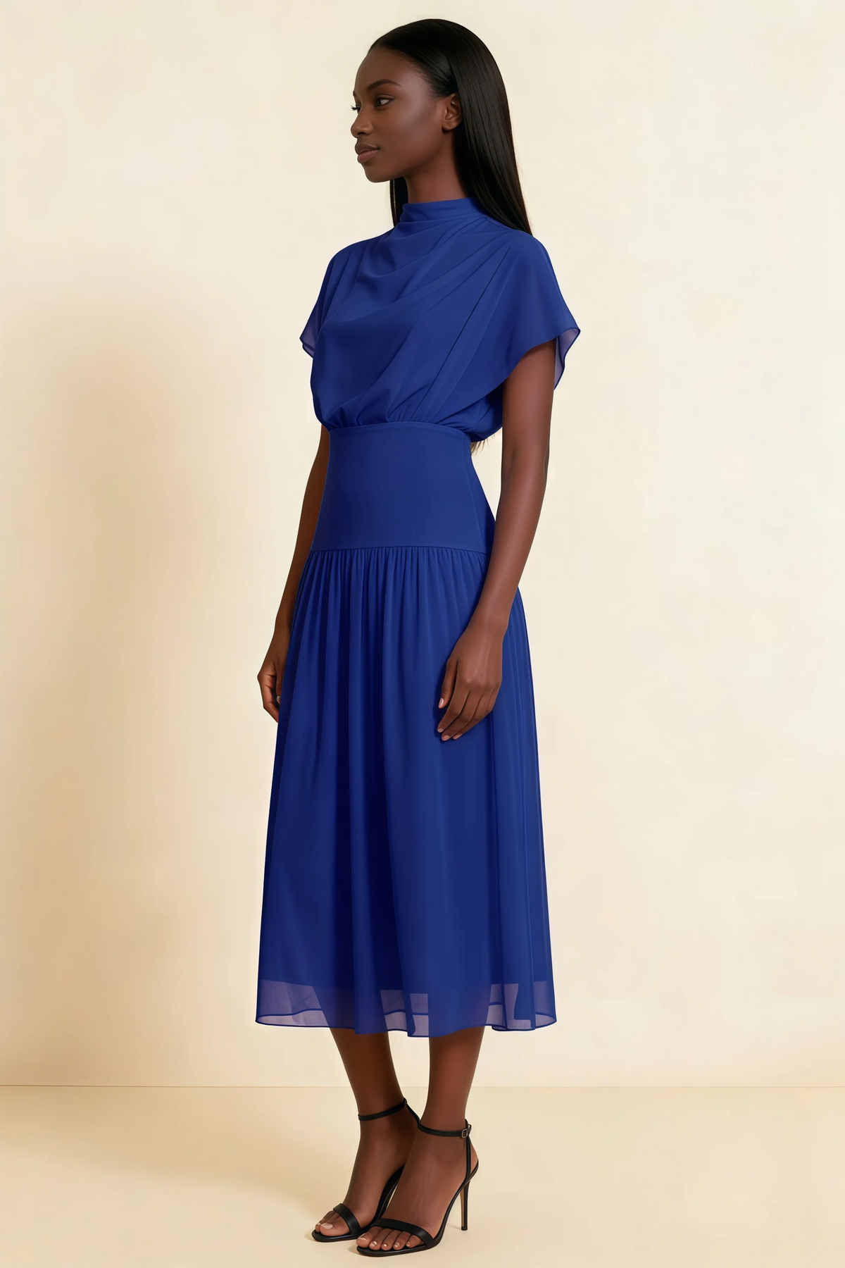 Alva Royal Blue  High Neck Gathered Skirt Midi Dress