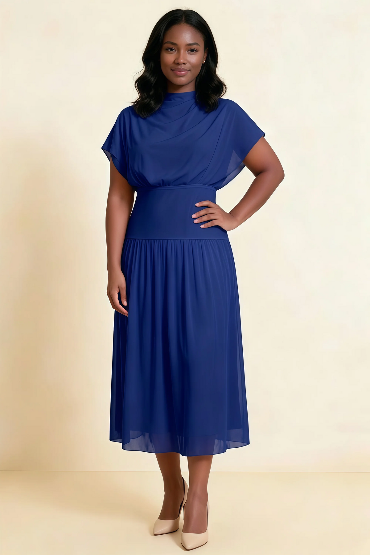 Alva Royal Blue  High Neck Gathered Skirt Midi Dress