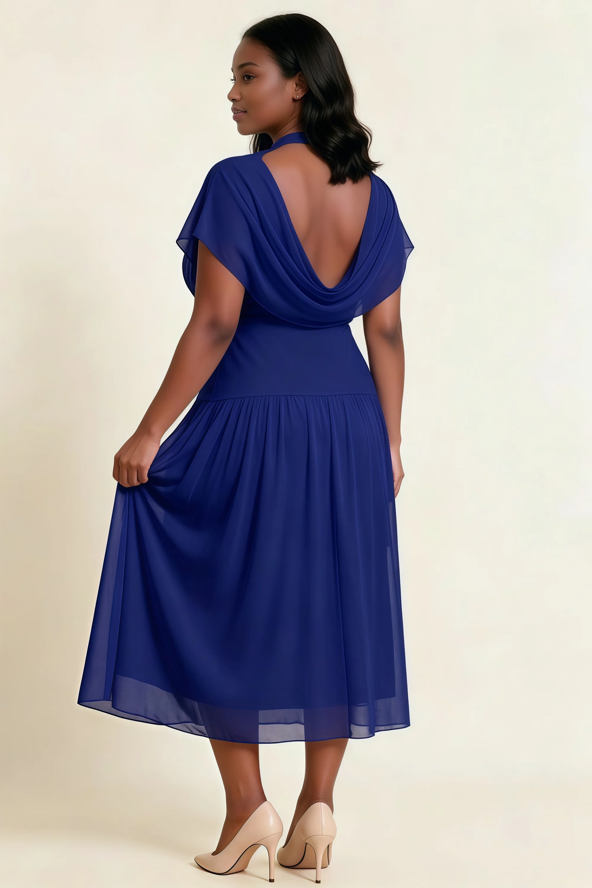 Alva Royal Blue  High Neck Gathered Skirt Midi Dress
