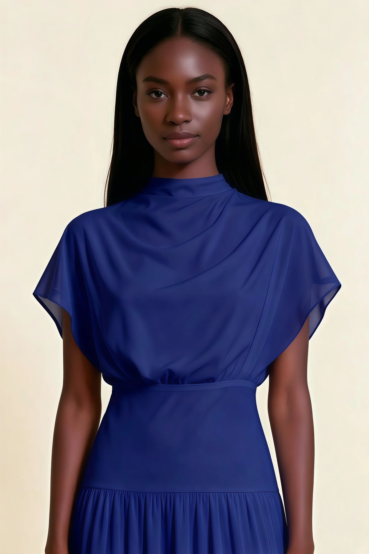 Alva Royal Blue  High Neck Gathered Skirt Midi Dress