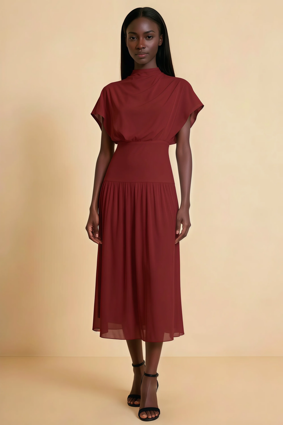 Alva Rust  High Neck Gathered Skirt Midi Dress
