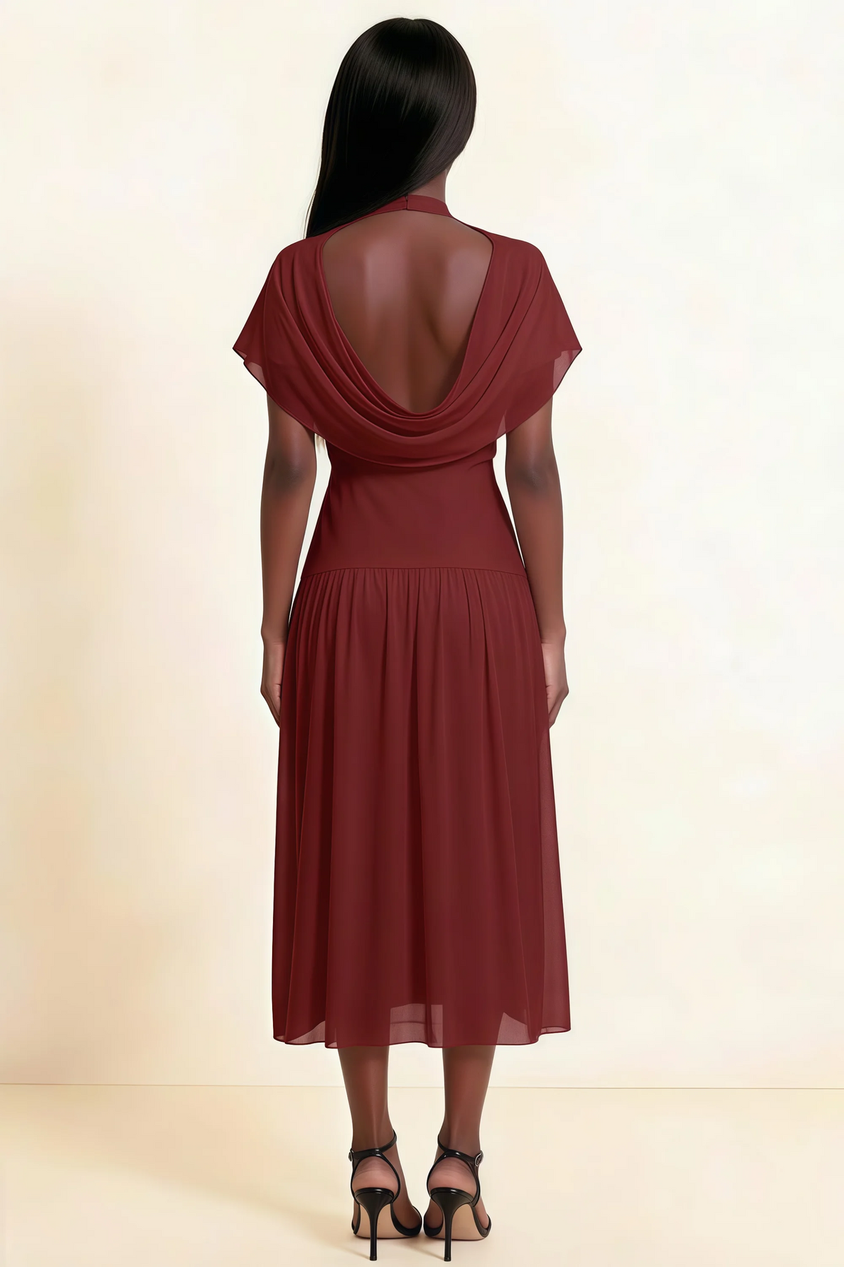 Alva Rust  High Neck Gathered Skirt Midi Dress