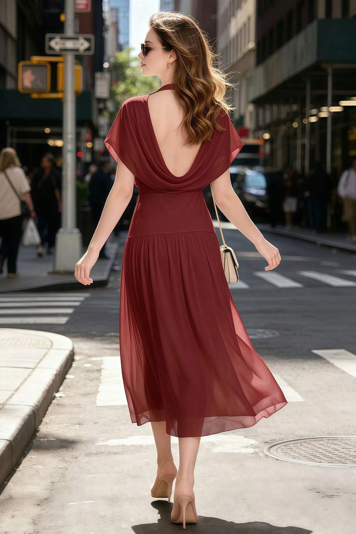 Alva Rust  High Neck Gathered Skirt Midi Dress