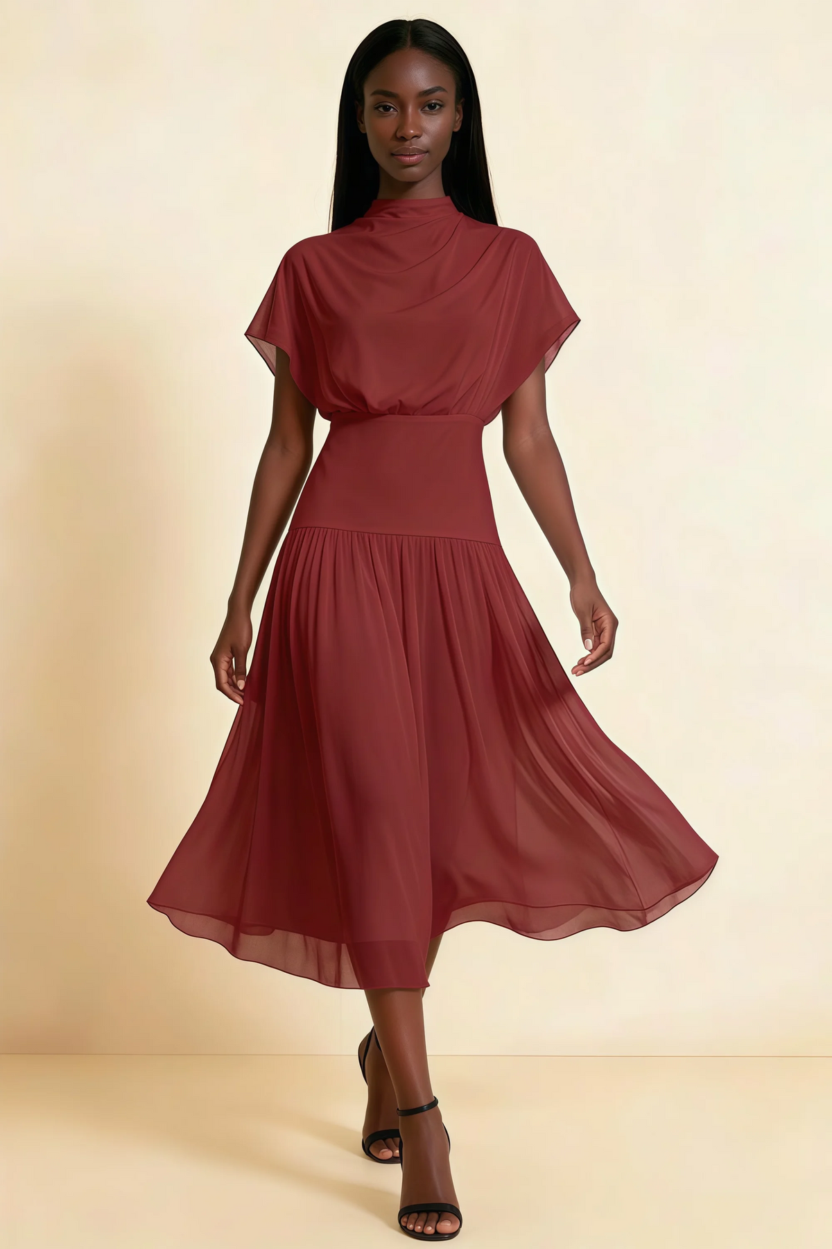 Alva Rust  High Neck Gathered Skirt Midi Dress
