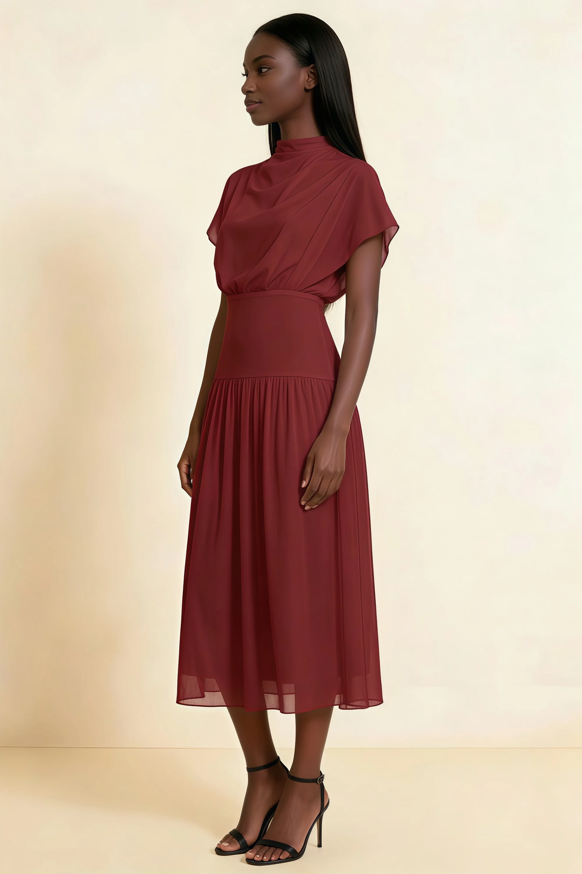 Alva Rust  High Neck Gathered Skirt Midi Dress