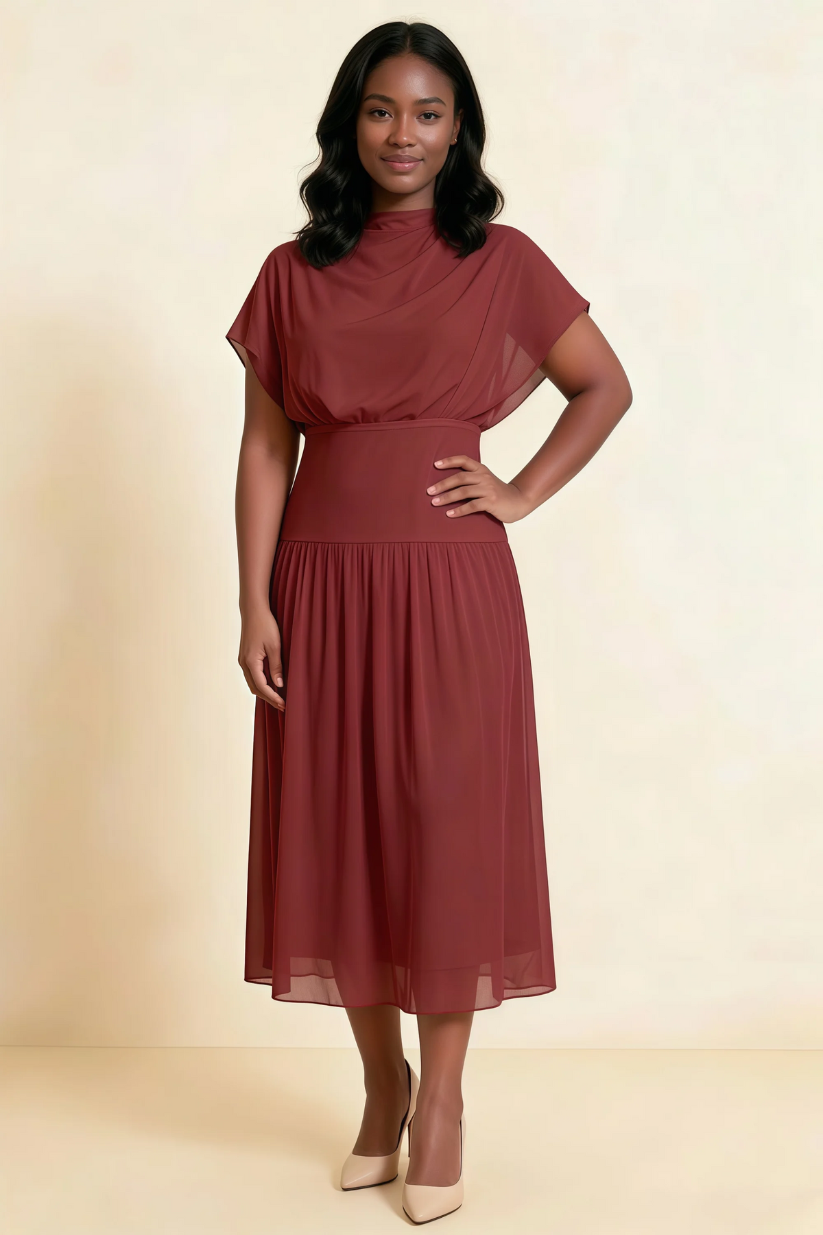 Alva Rust  High Neck Gathered Skirt Midi Dress