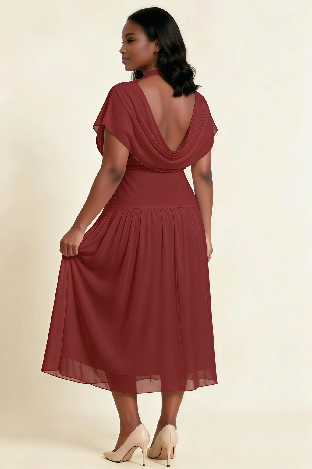 Alva Rust  High Neck Gathered Skirt Midi Dress