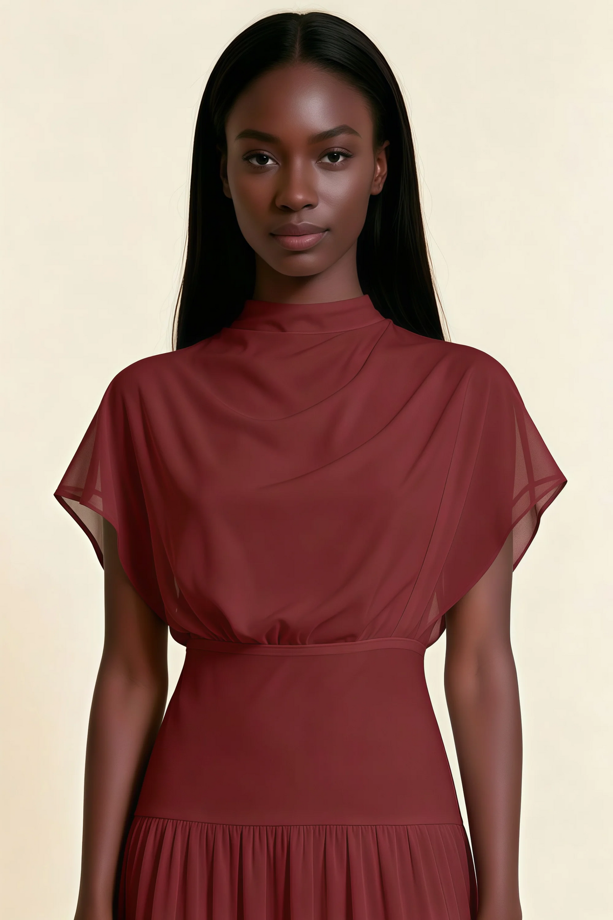 Alva Rust  High Neck Gathered Skirt Midi Dress