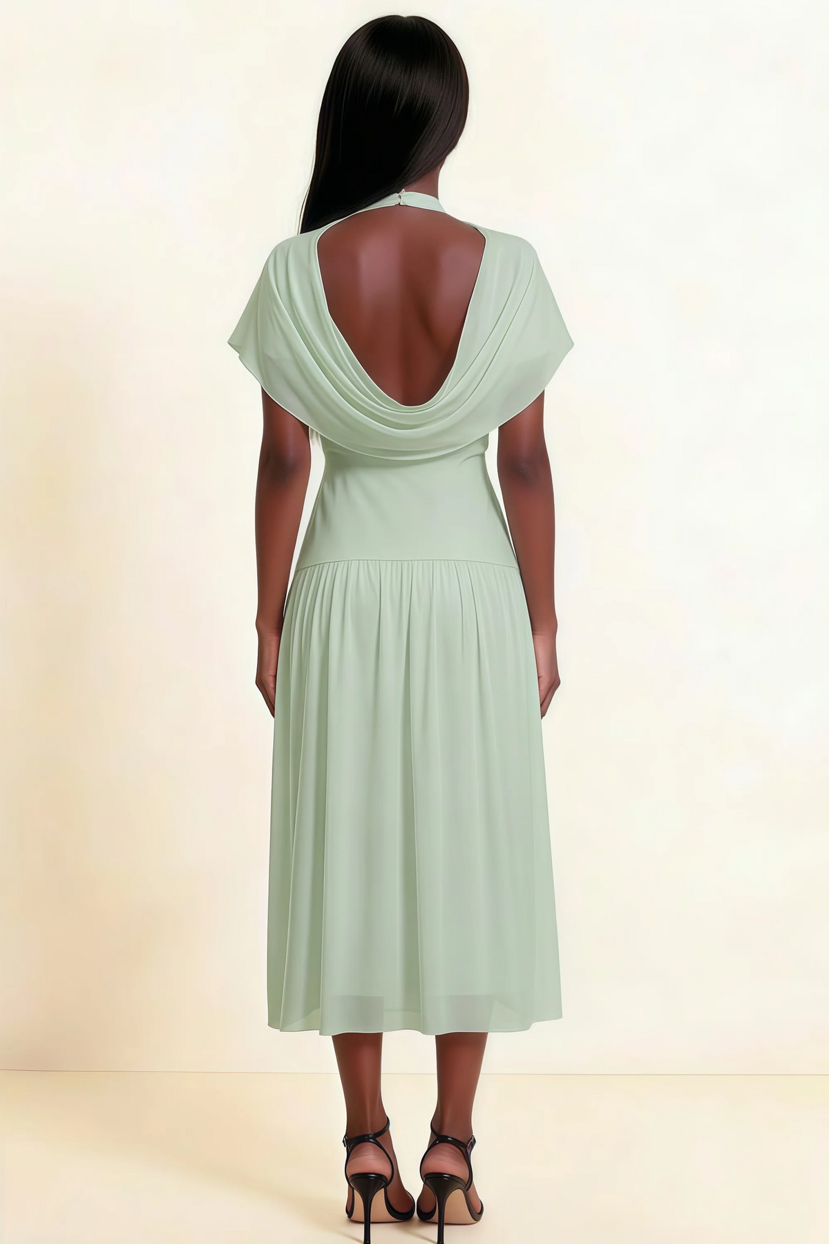 Alva Sage Green  High Neck Gathered Skirt Midi Dress