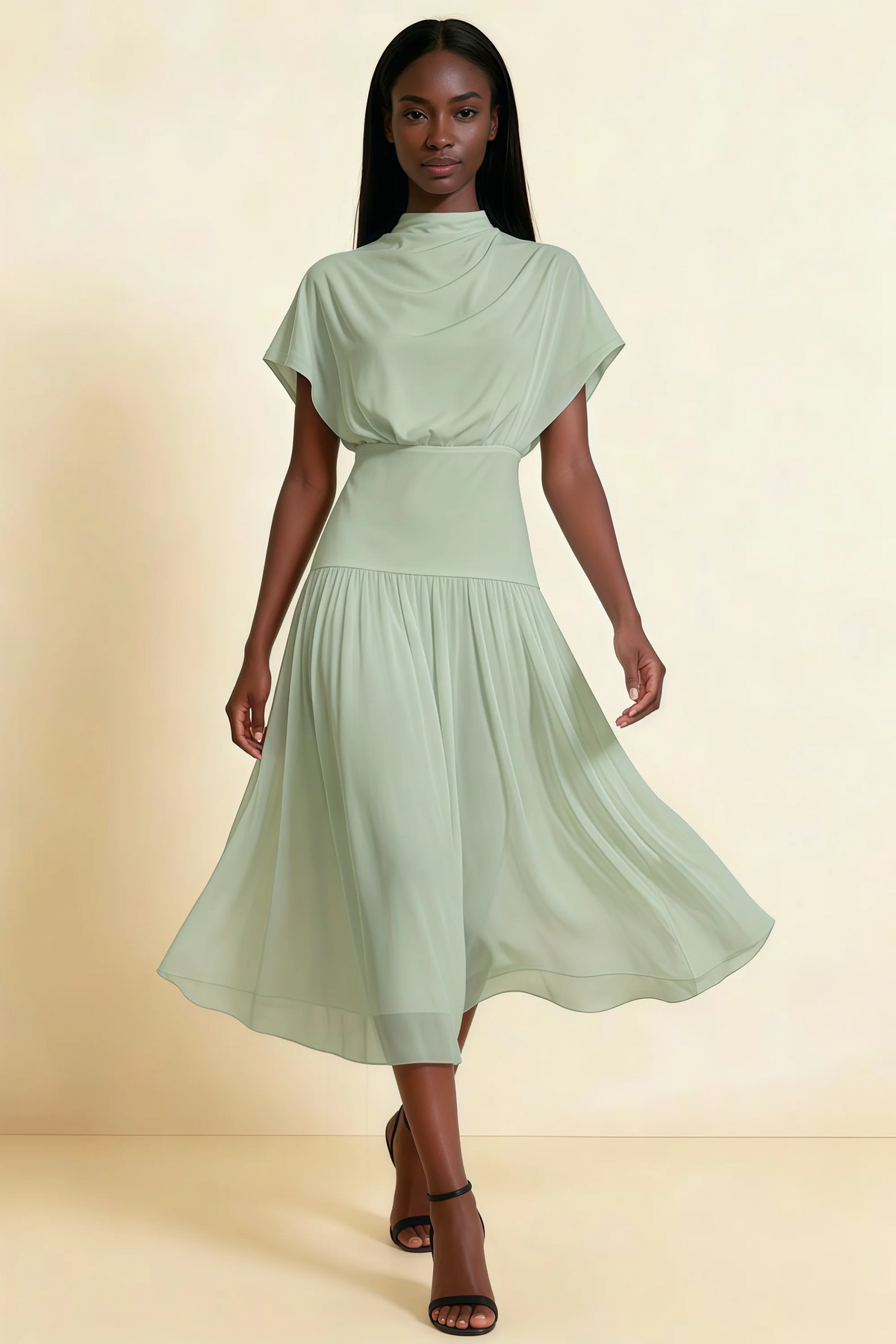 Alva Sage Green  High Neck Gathered Skirt Midi Dress