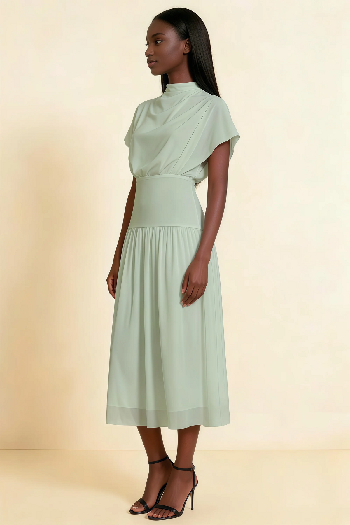 Alva Sage Green  High Neck Gathered Skirt Midi Dress