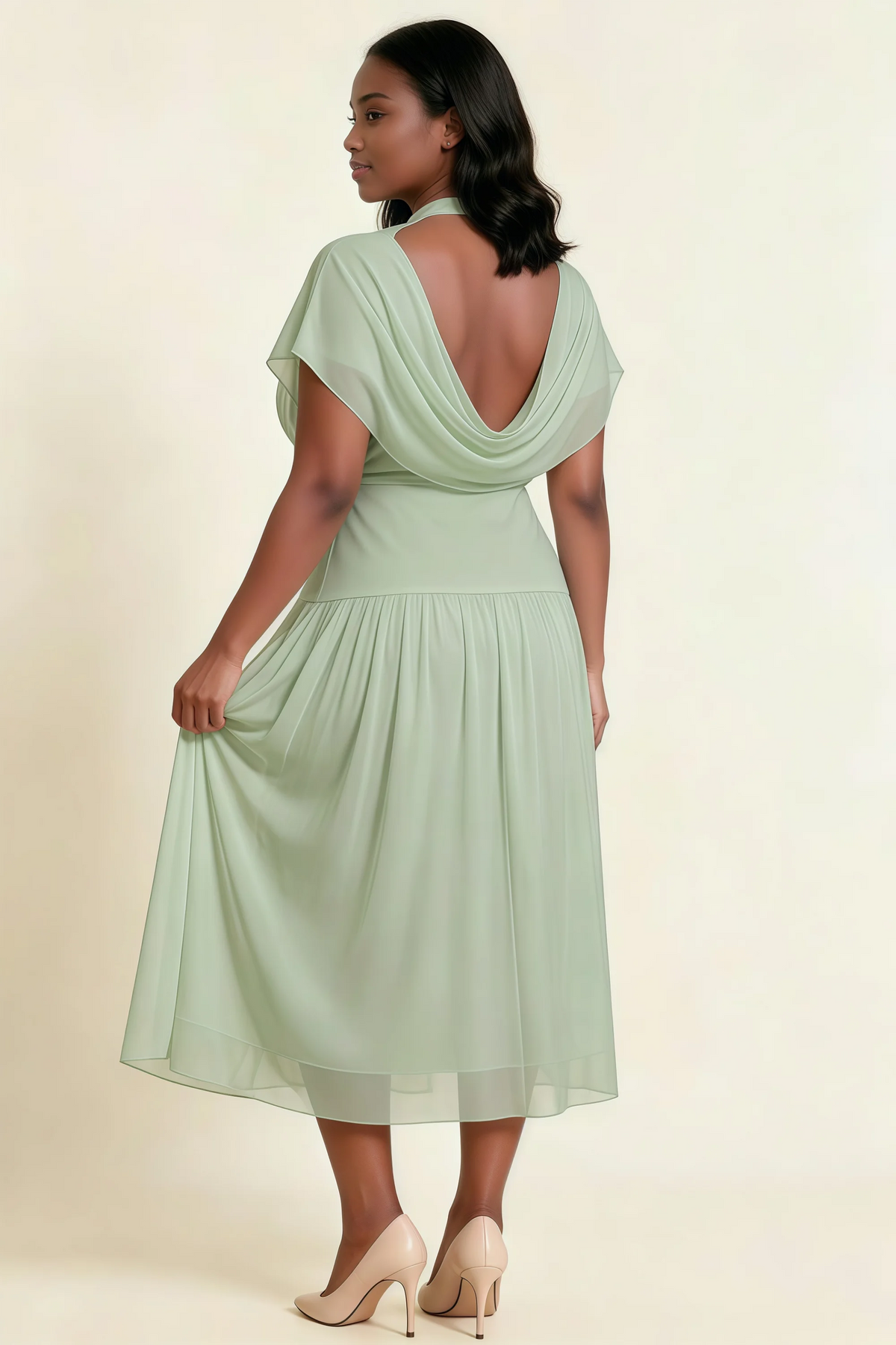 Alva Sage Green  High Neck Gathered Skirt Midi Dress