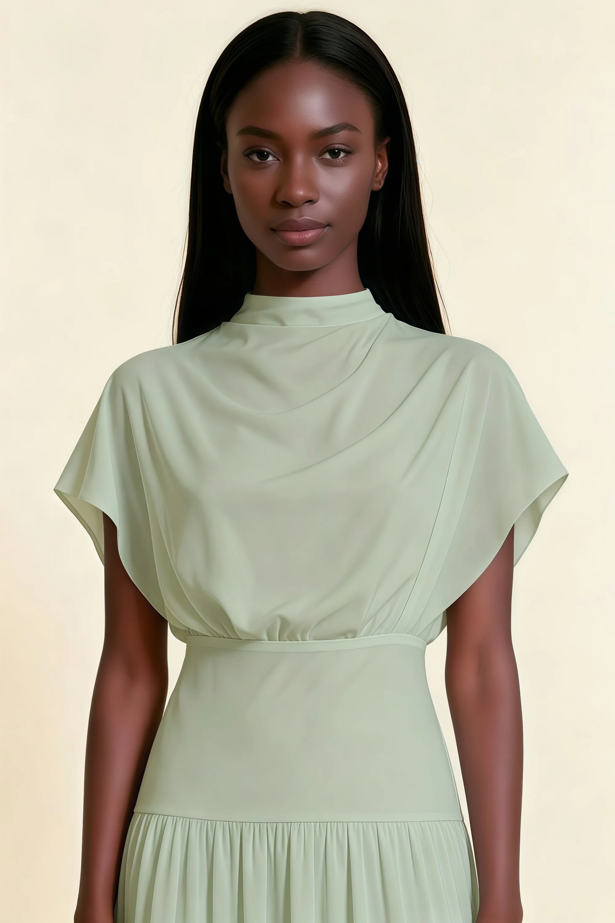 Alva Sage Green  High Neck Gathered Skirt Midi Dress