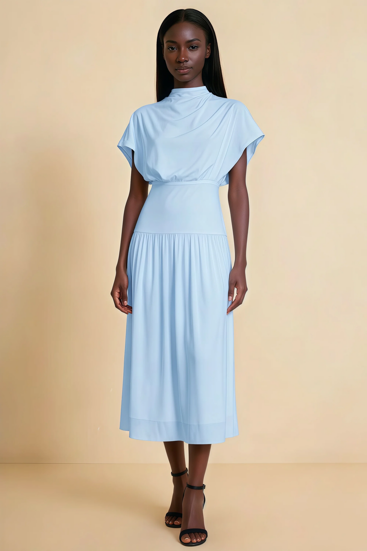 Alva Sky Blue  High Neck Gathered Skirt Midi Dress