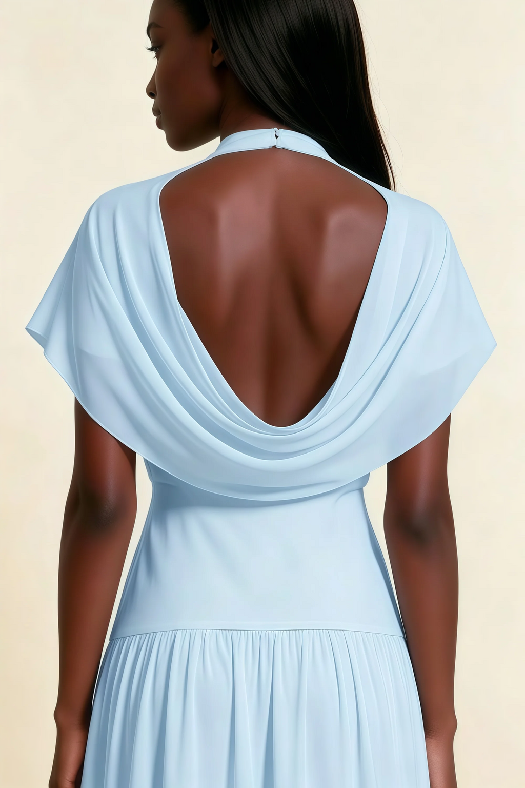 Alva Sky Blue  High Neck Gathered Skirt Midi Dress