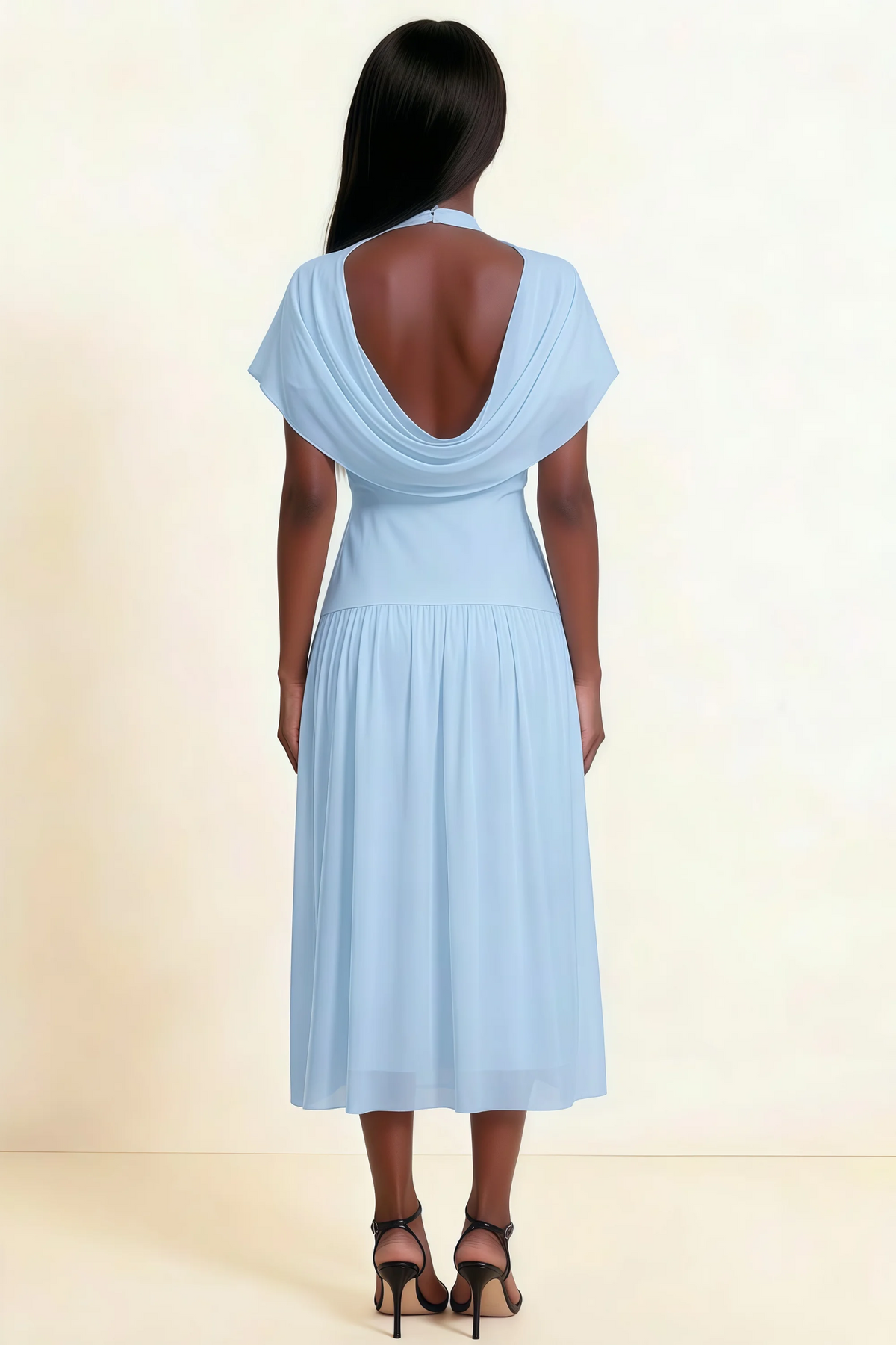 Alva Sky Blue  High Neck Gathered Skirt Midi Dress
