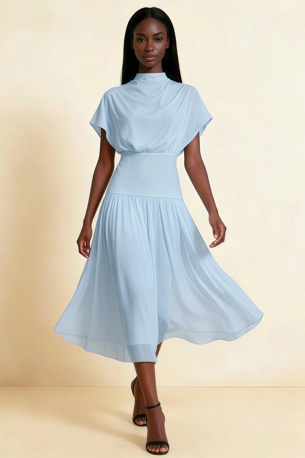 Alva Sky Blue  High Neck Gathered Skirt Midi Dress