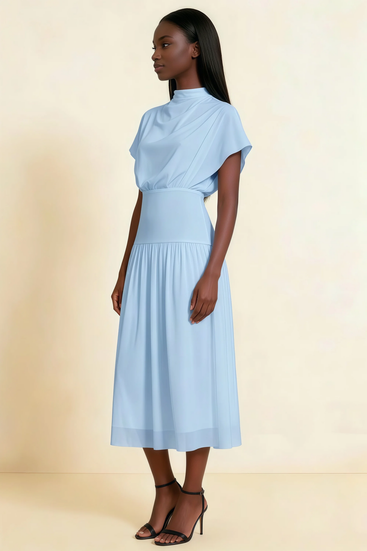 Alva Sky Blue  High Neck Gathered Skirt Midi Dress
