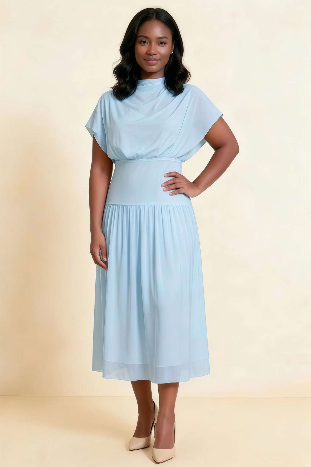 Alva Sky Blue  High Neck Gathered Skirt Midi Dress