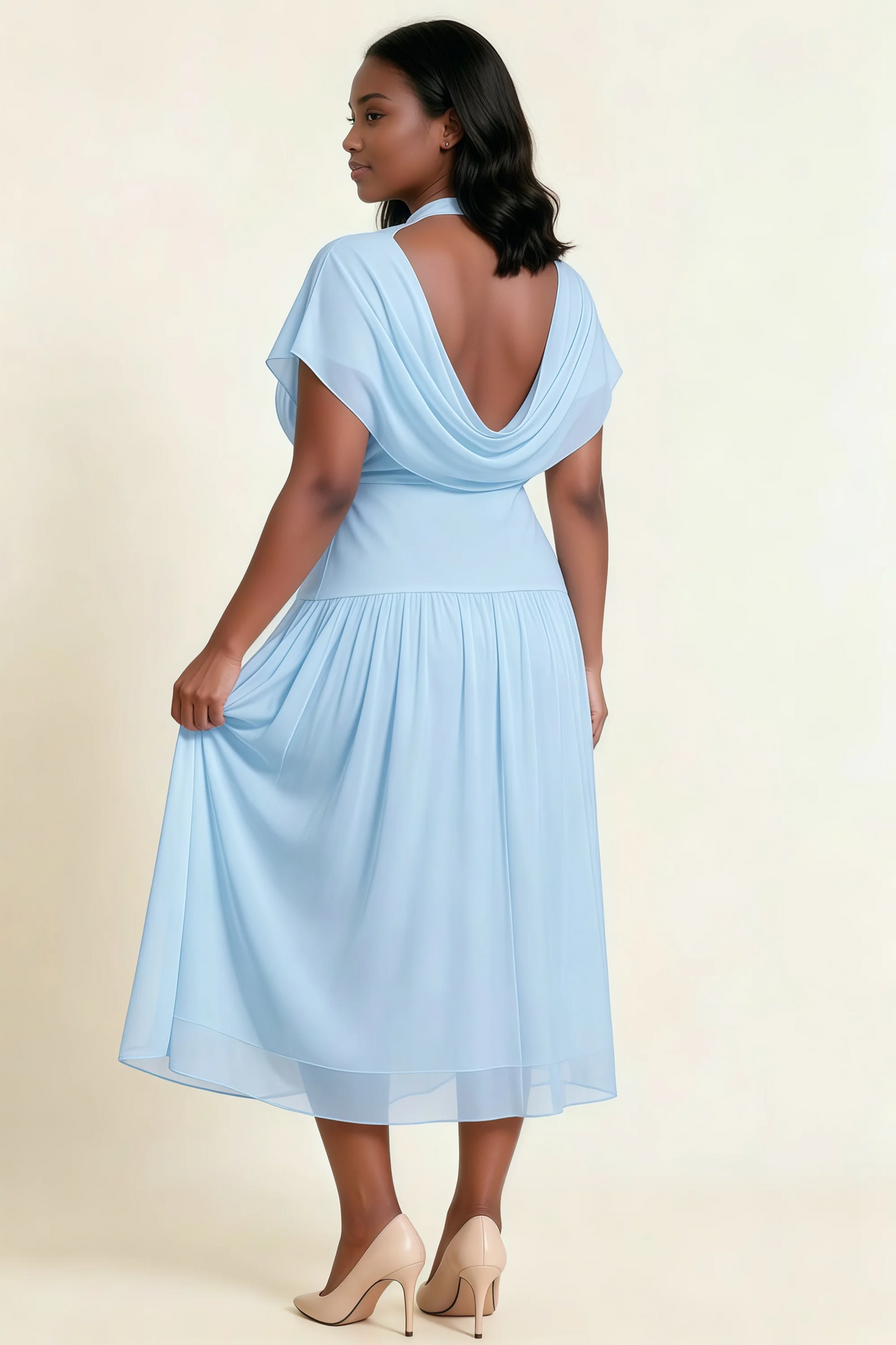 Alva Sky Blue  High Neck Gathered Skirt Midi Dress