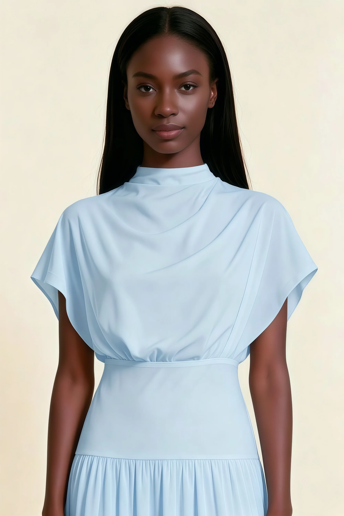 Alva Sky Blue  High Neck Gathered Skirt Midi Dress