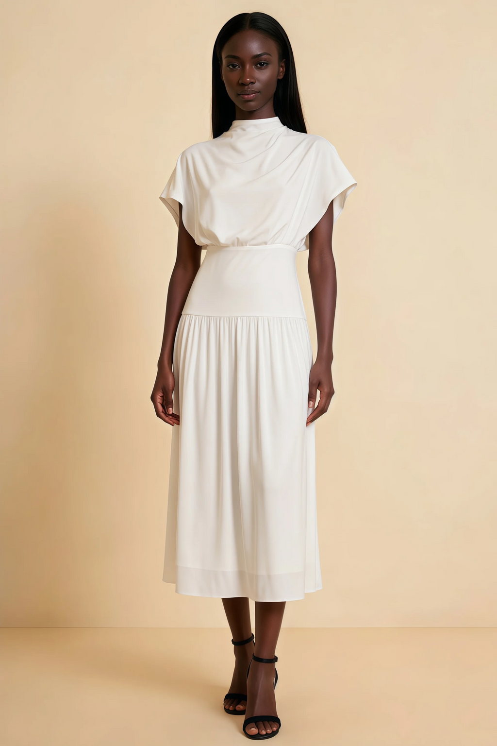Alva White  High Neck Gathered Skirt Midi Dress