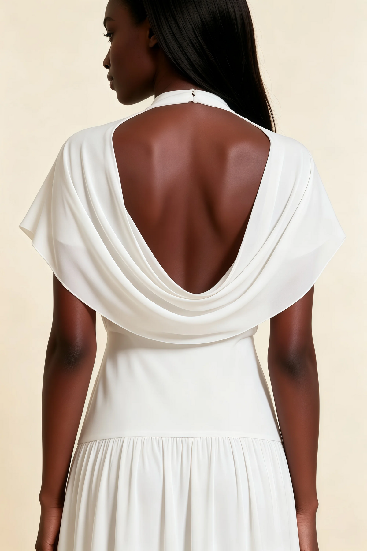 Alva White  High Neck Gathered Skirt Midi Dress