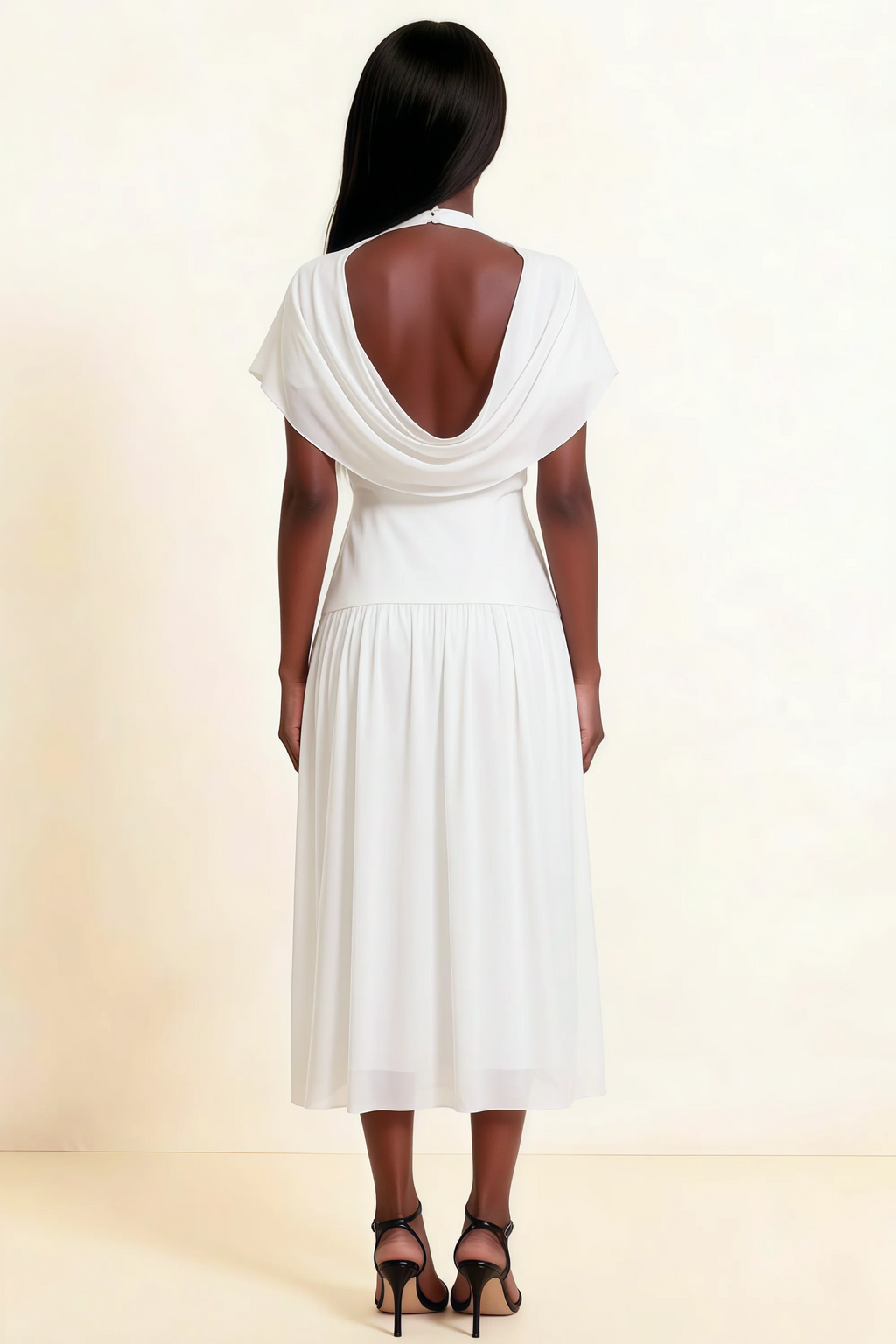 Alva White  High Neck Gathered Skirt Midi Dress