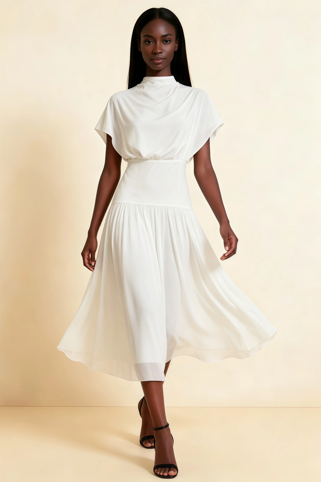 Alva White  High Neck Gathered Skirt Midi Dress