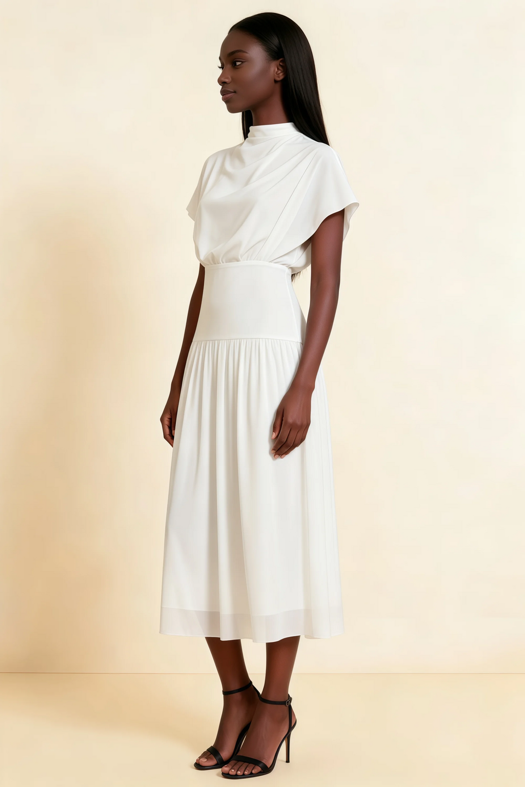 Alva White  High Neck Gathered Skirt Midi Dress