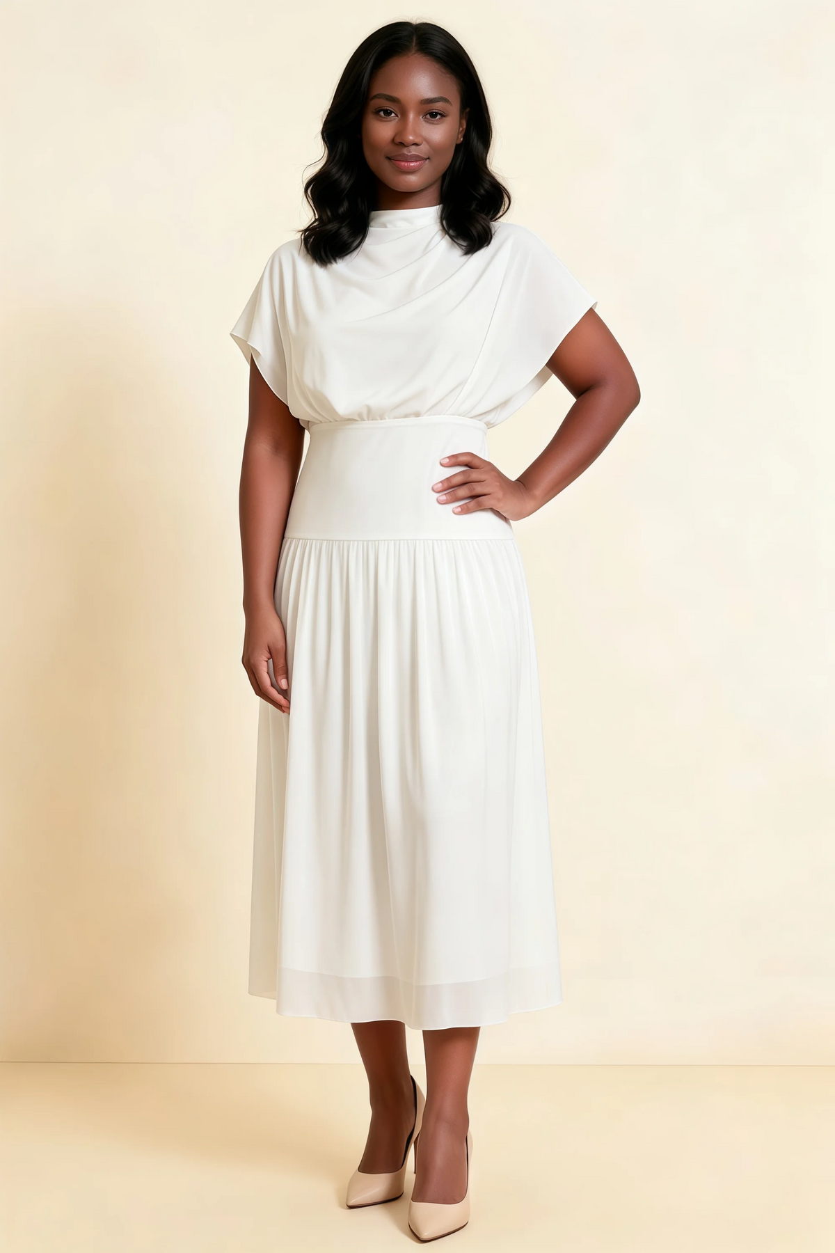 Alva White  High Neck Gathered Skirt Midi Dress