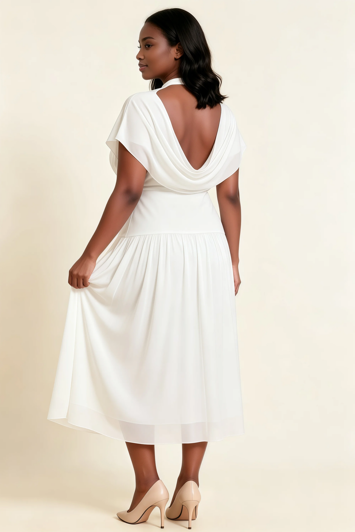 Alva White  High Neck Gathered Skirt Midi Dress