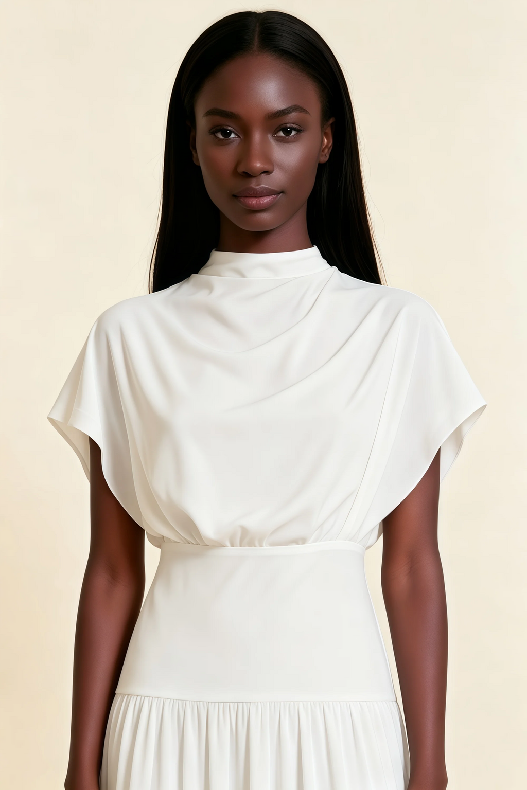 Alva White  High Neck Gathered Skirt Midi Dress